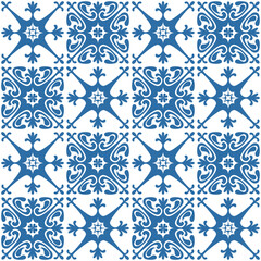 Azulejo ceramic tiles retro motif for interior decor, blue vector Illustration