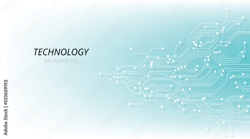 Poster Technology circuit diagram on white, blue background.High tech circuit board connection system.Vector abstract technology on white background.