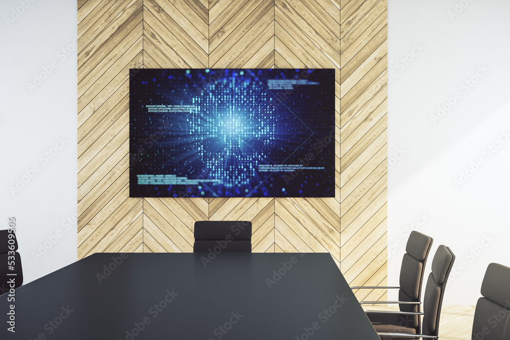 Leinwandbilder creative code skull hologram on presentation tv screen in a modern meeting room. malware and cyber c