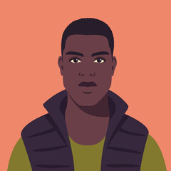 Young african man. Portrait of serious student. Avatar of guy for social networks. Abstract male portrait, full face. Stock vector isolated illustration in flat style.