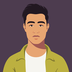 Portrait of young asian man. Portrait of serious student. Avatar of eastern guy for social networks. Abstract male portrait, full face. Stock vector isolated illustration in flat style.