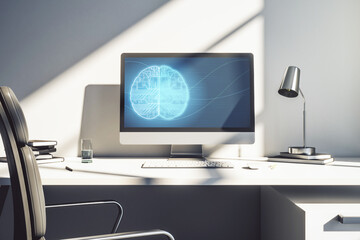 Creative artificial Intelligence concept with human brain hologram on modern laptop screen. 3D Rendering