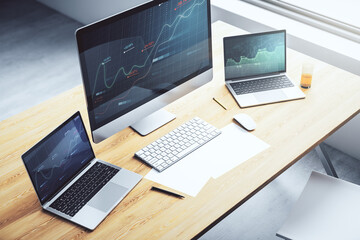 Computer monitor with abstract creative analytics data spreadsheet, analytics and analysis concept. 3D Rendering