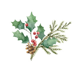 Watercolor vector Christmas arrangement with spruce branch, cone and holly jolly branches.