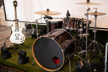 modern drum set of musicians indoors	