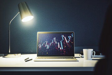 Computer monitor with abstract financial graph, finance and trading concept. 3D Rendering