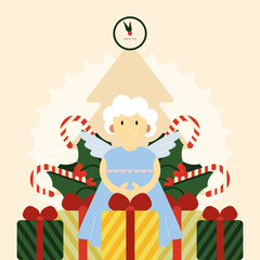 New Year's Eve or Christmas Eve. Beautiful vector vintage holiday greeting card. The image of an angel on the background of gifts