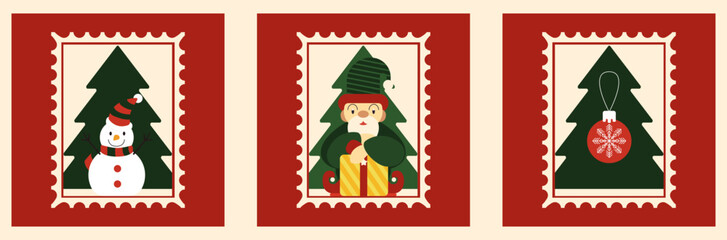 New Year's Eve or Christmas Eve. A set of beautiful vector vintage postcards depicting Santa, snowman, angel