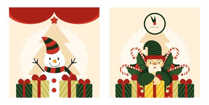 New Year's Eve or Christmas Eve. A set of beautiful vector vintage postcards depicting Santa, snowman, angel