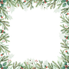 Watercolor vector Christmas card with fir branches and copy space. - obrazy, fototapety, plakaty