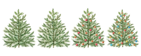 Watercolor vector set of Christmas trees with balls and candles.