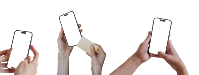 Hand holding smartphone phone with blank screen and modern frameless design on iphone, hold Mobile phone on transparent background Ideal for marketing, app design, UI and UX - include clipping path.