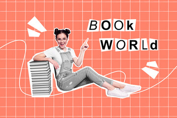 Magazine pop collage of schoolgirl advertise bookshop book world season discounts for schoolkids...