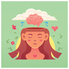 mental health day man profile and heart in brain with icons vector illustration design