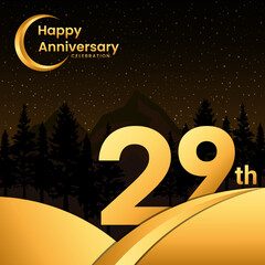 29th anniversary, Anniversary Celebration with golden text, isolated on mountains background, vector template illustration