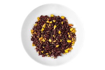 Brown rice with pistachios and seeds. Balanced, nutritious, tasty and nutritious food. Ready-made menu for a restaurant or for delivery. Dish in a white plate isolated on a white background.
