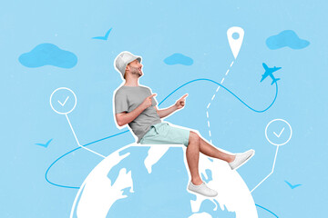 Creative drawing collage picture of funny positive man tourist point location mark gps plane sit...