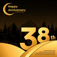 38th anniversary, Anniversary Celebration with golden text, isolated on mountains background, vector template illustration