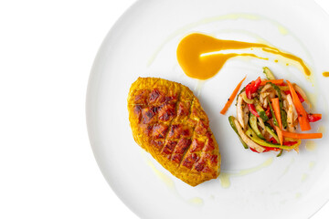 Steak with chicken or turkey with vegetables. Balanced, nutritious, tasty and nutritious food. Ready-made menu for a restaurant or for delivery. Dish in a white plate isolated on a white background.