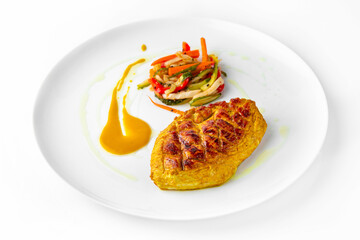 Steak with chicken or turkey with vegetables. Balanced, nutritious, tasty and nutritious food. Ready-made menu for a restaurant or for delivery. Dish in a white plate isolated on a white background.