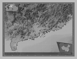 Guangdong, China. Grayscale. Labelled points of cities