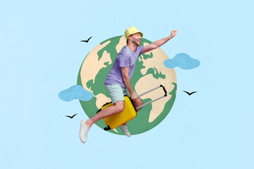 3d retro abstract creative artwork template collage of funny funky excited man riding flying...