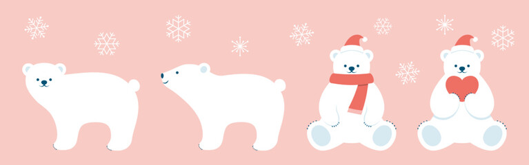 vector background with a set of polar bears and snowflakes for banners, cards, flyers, social media wallpapers, etc.