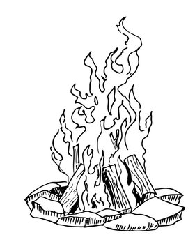 recommend clip art: Sketch of a campfire. Hand drawn vector illustration of a Camp Fire in vintage style. Retro bonfire with a flame for summer tourism in the forest. Drawing on a white isolated background