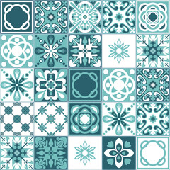 Azulejo talavera ceramic tile portuguese vintage pattern, green mint white background, vector illustration