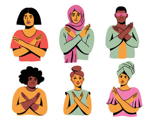 Break the bias set. Multiracial group of women protesting against inequality. Hand drawn vector illustration