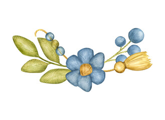 Watercolor illustration, knitted yarn, boho, craft, sticker, wool, matting, linen, cotton thread, Blue flower, pea, twig, bouquet, knitting threads, skein of thread, wool, blue, blue, marine, indigo.