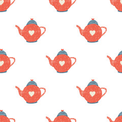 Teapot seamless repeat pattern, vector background, Red teapot with heart