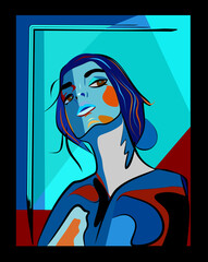 Colorful abstract background, cubism art style , woman on blue