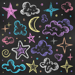 Set of Design Elements Stars, Moon, Clouds of Different Colors Isolated on Chalkboard Backdrop. Realistic Chalk Hand-Drawn Sketch.