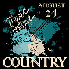 Country music festival poster template. Inspirational guitar concept, hand-drawn doodle. Small guitar. Music. Abstract Stains and Rice Inspiration. Fingering with fingers.