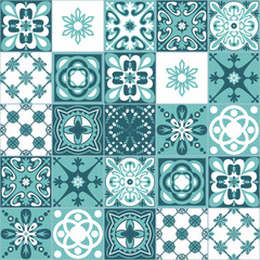 Azulejo talavera ceramic tile pattern, green mint white background, vector illustration