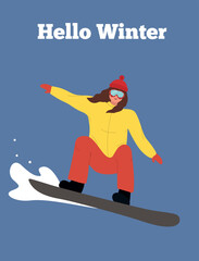 snowboarder on snowy mountain slopes. A girl in winter clothes slides and jumps from a snowboard. Sports activity outdoors. Winter activities. Colorful flat vector illustration