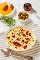 Beer cheese soup in bowl, top view