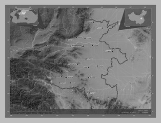 Henan, China. Grayscale. Labelled points of cities