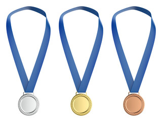 Set of gold, silver and bronze medals on transparent background