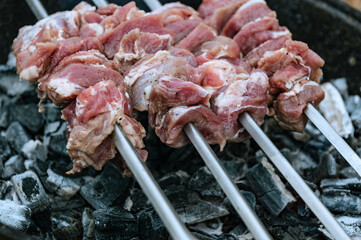 Barbecue outdoor close-up. BBQ food party summer grilling meat. Barbecue on a stick