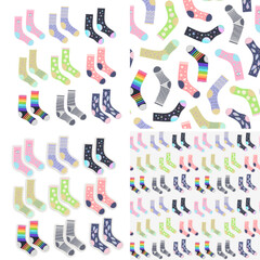 Set of socks stickers and seamless patterns, clothing items, cartoon flat style