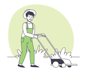 Man Farmer Character in Overall Mowing Grass Doing Agricultural Work Vector Illustration