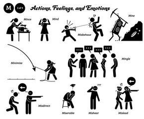 Stick figure human people man action, feelings, and emotions icons alphabet M. Mince, mind, misbehave, mine, minimize, mingle, misdirect, miserable, mishear, and mislead.