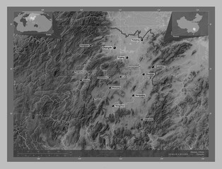 Hunan, China. Grayscale. Labelled points of cities