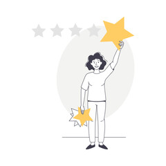 Feedback and Customer Review with Woman Character Holding Star Rating Service Vector Illustration
