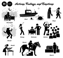 Stick figure human people man action, feelings, and emotions icons alphabet M. Moonlight, moor, mope, morph, mosey, motivate, motion, mold, mount, and mourn. - obrazy, fototapety, plakaty