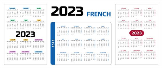 Pocket calendar on 2023 year, French. Set Vector