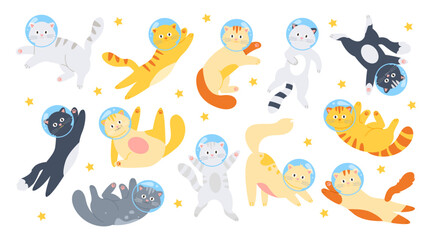 Funny cats astronauts in cosmos. Cute fluffy kittens in cosmonaut glass helmets in open space