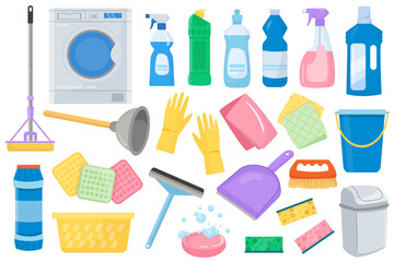 Cleaning tools set of household and housekeeping elements. Washing machine, detergents chemicals